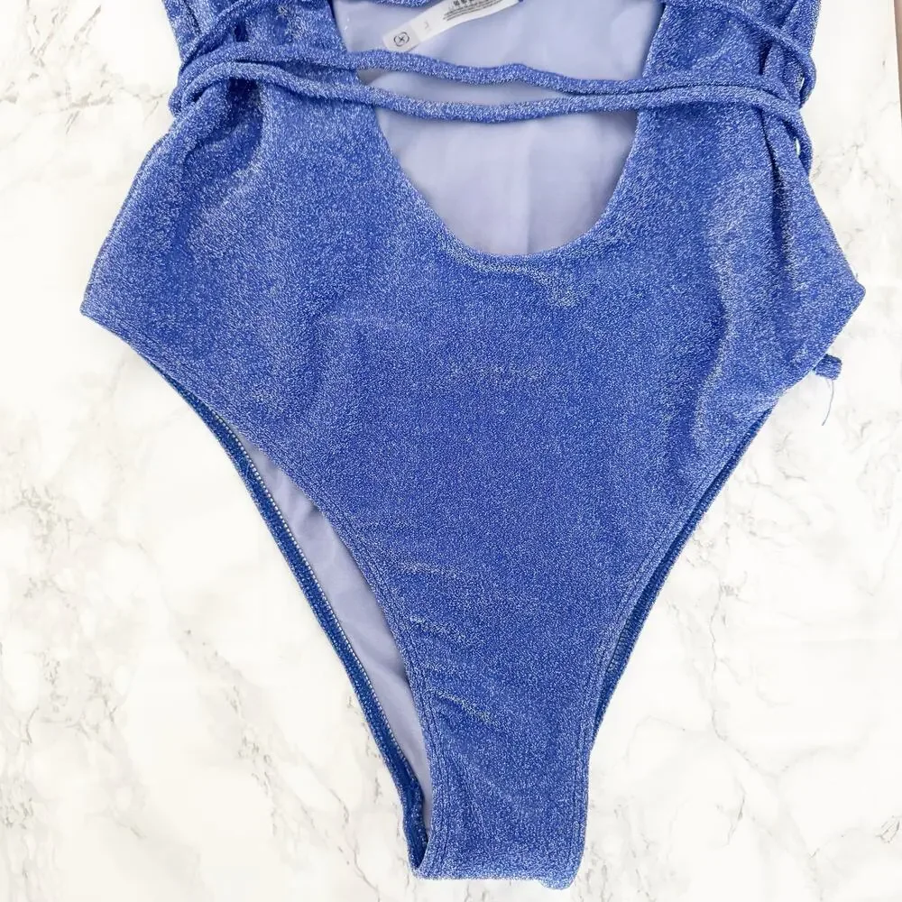 BERLOOK Metallic Lurex Cut Out Wrap One Piece Swimsuit Blue Large L